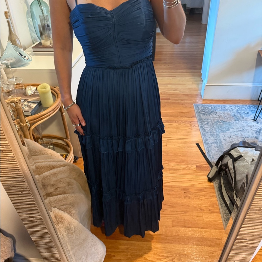 Aqua Ruched ruffled midi dress navy blue